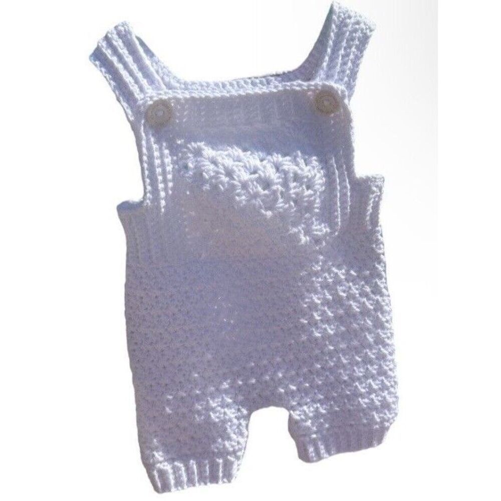 Handmade Crocheted White Short Baby Overalls Size 0-3 Months